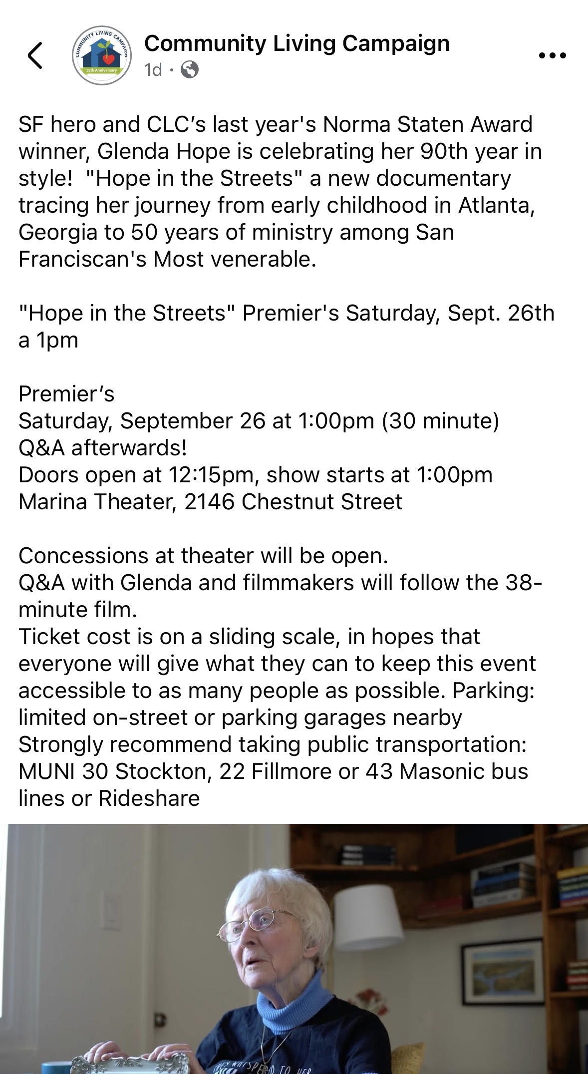Screenshot of a Community Living Campaign Facebook post announcing the premiere of 'Hope in the Streets,' a documentary about Glenda Hope, on Saturday, September 26, at Marina Theater, with an accompanying photo of Glenda Hope sitting indoors
