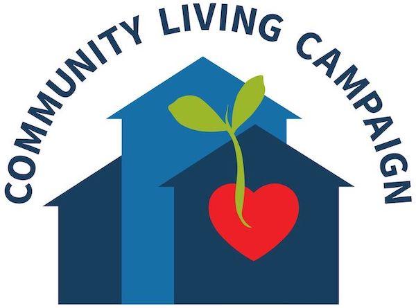 "Community Living Campaign logo: a house outline with a heart and sprouting plant inside.