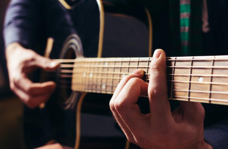 Close up of hand strumming guitar.