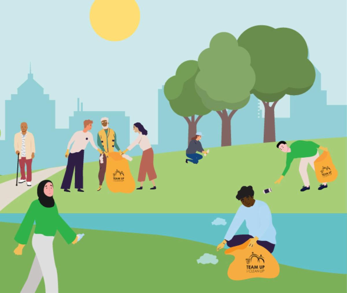 Illustration of people cleaning up a park