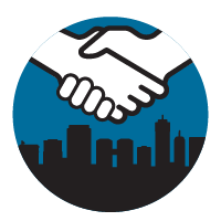 Graphic of two hands shaking over a silhouette of a city
