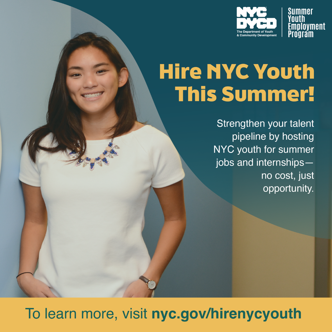 Smiling young woman with text for employers interested in participating in the Summer Youth Employment Program