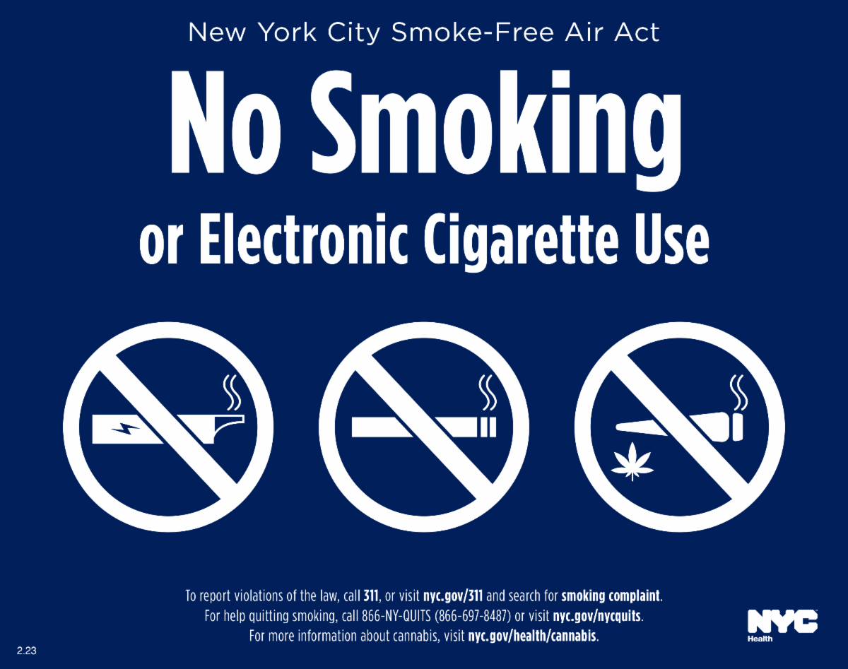 New York City Smoke-Free Air Act No Smoking or Electronic Cigarette Use sign