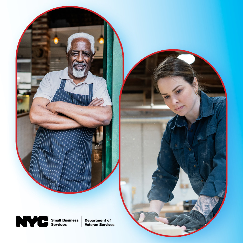 A graphic with two photos in frames shaped like dog tags one featuring a man standing in front of his business and the other featuring a woman working in her business with the S B S and Veterans Services logos at the bottom
