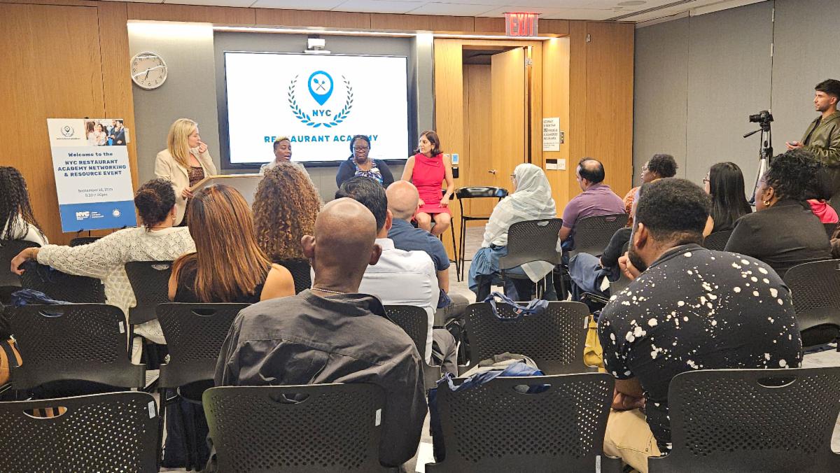 Group of people at a N Y C Restaurant Academy event in the S B S conference room