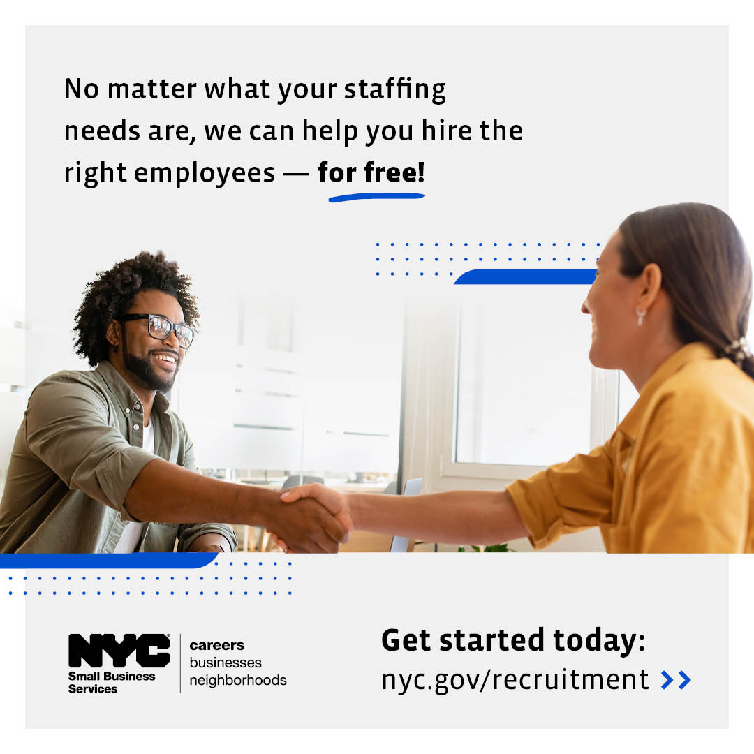 Two people shaking hands with SBS logo at bottom and text at top that reads No matter what your staffing needs are we can help you hire the right employees for free