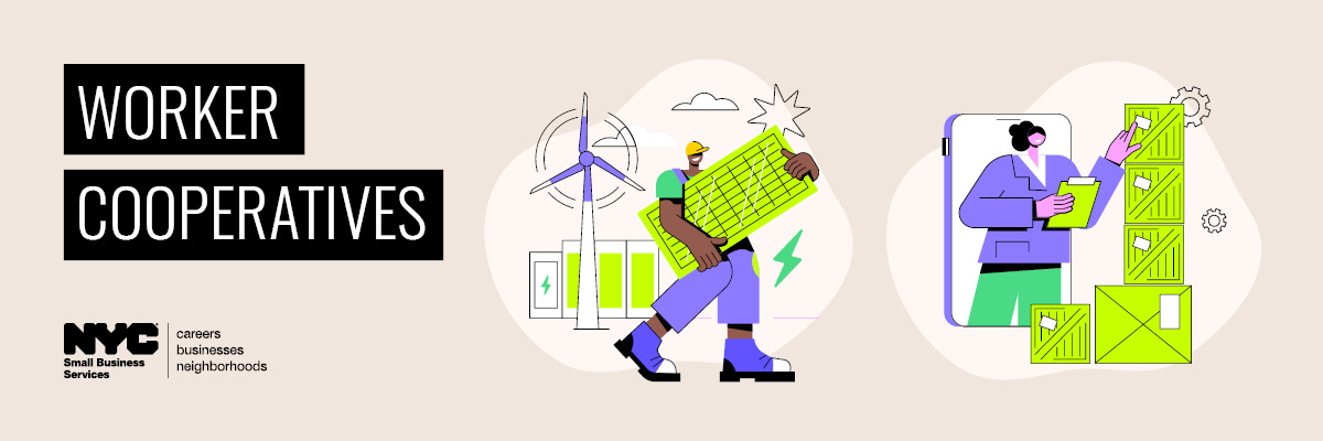 Worker Cooperatives graphic with S B S logo and two illustrations of business owners