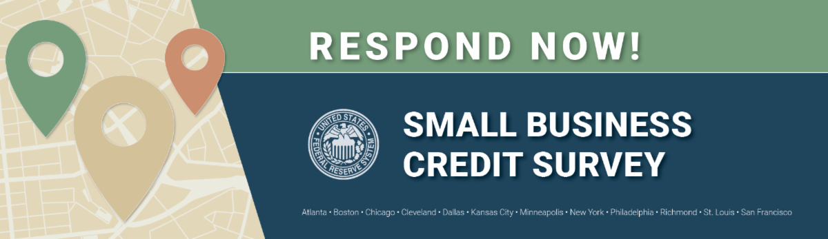 Map markers over a city map background with text urging to respond to a Small Business Credit Survey by the Federal Reserve