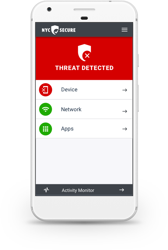 Mobile phone showing N Y C secure app features on the screen