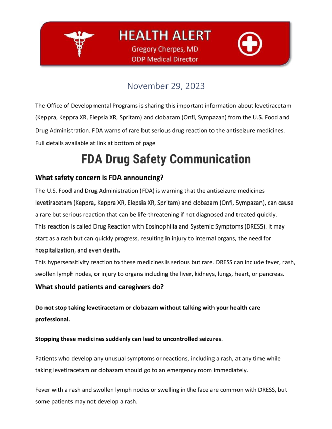 ODP Health Alert FDA Drug Safety Communication