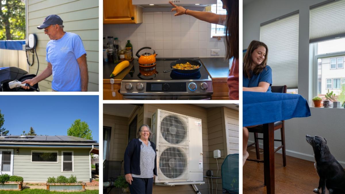 A collage of homeowners standing with electrification technologies like solar, heat pumps, ev charging, and cellular shades