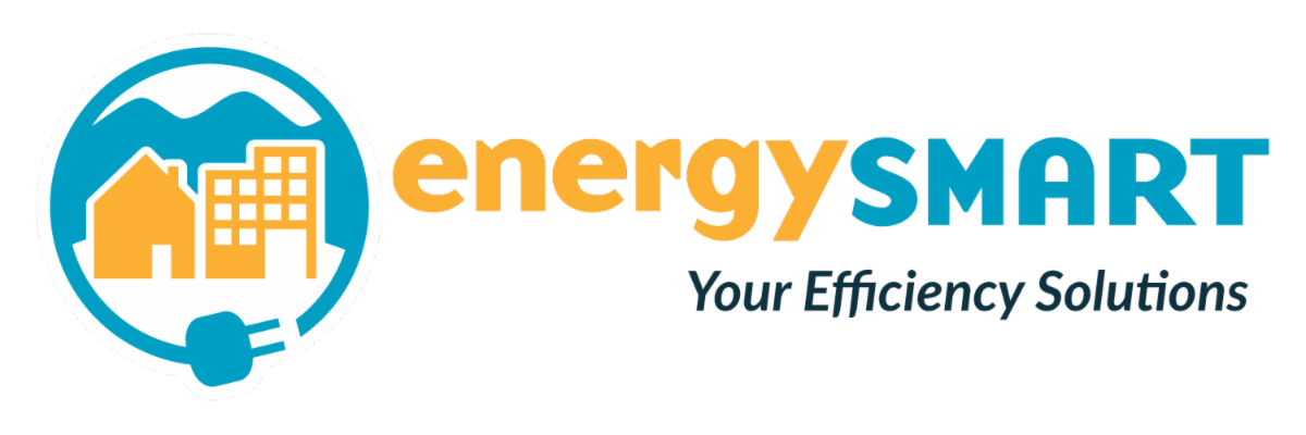 EnergySmart Logo which includes a house and multifamily unit in front of mountains surrounded by a stylized electric cable and text that reads EnergySmart Your Efficiency Solutions