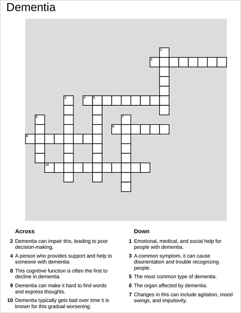 Dementia educational crossword puzzle