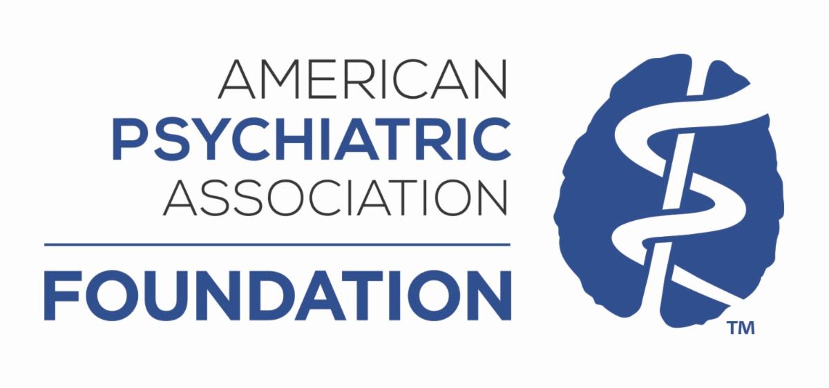 Logo reads "American Psychiatric Association Foundation" in blue text. To the right is a drawing of an aerial view of a brain.