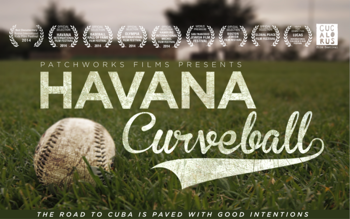 Poster for Havana Curveball. A photo of a dirty, worn baseball lying in the grass. Overlaid is the film's title "Havana Curveball". In smaller text underneath it reads "The Road To Cuba Is Paved With Good Intentions". Along the top are laurels.