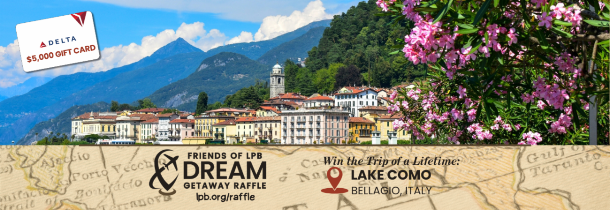 A charming italian village is nestled in a cliffside with mountain looming in the background. Friends of LPB Dream Getaway Raffle to Lake Como Italy. 