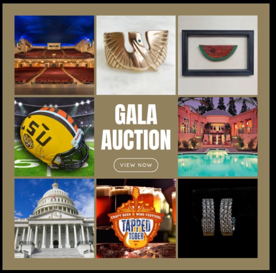 Image shows a collage of various items available in the 2023 Louisiana Legends Online Auction including a Clemintine Hunter painting diamond earrings and a Joe Burrow signed football helmet.