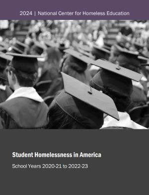 Cover of NCHE's Student Homelessness in America data report showing graduation caps