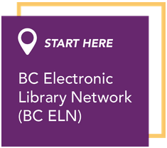 purple square block with writing that says "Start here" next to a location icon, and the words "BC Electronic Library Network"