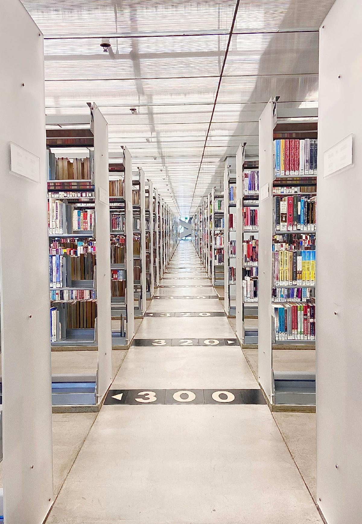 Library aisle with shelves of books on either side