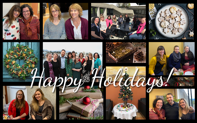 A collage of BC ELN Staff photos interspersed with photos of holiday items. Text overlay reads "Happy Holidays!"