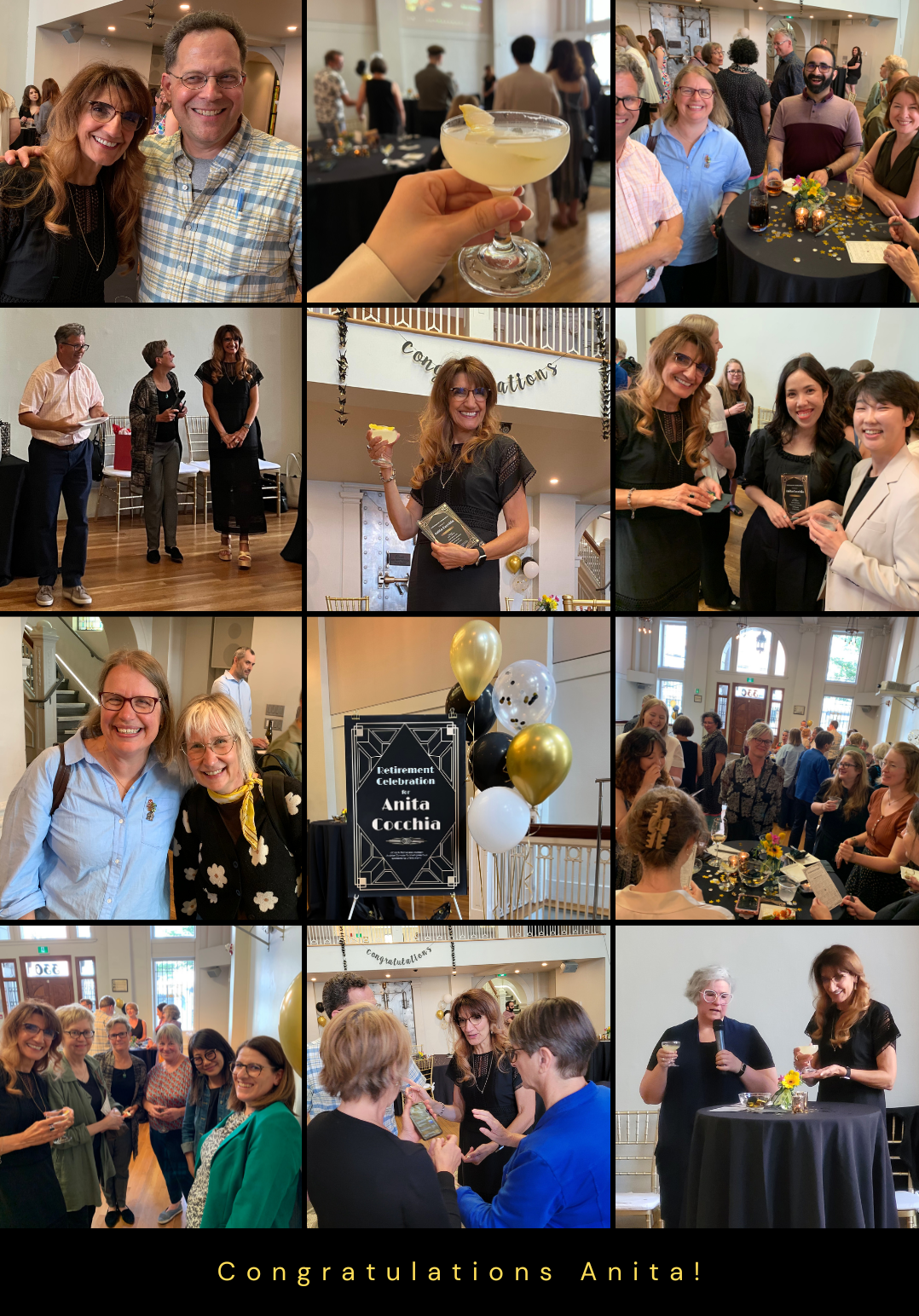Collage of images from Anita's retirement celebration party. Photos show attendees smiling, chatting, and greeting one another.