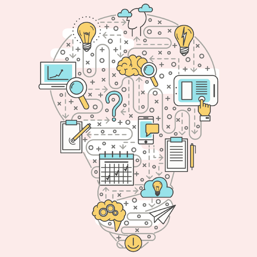 Illustration of a lightbulb that is comprised of many interconnected lines, and an array of "knowledge" related icons like a laptop, lightbulbs, a brain, a magnifying glass, a question mark, etc.