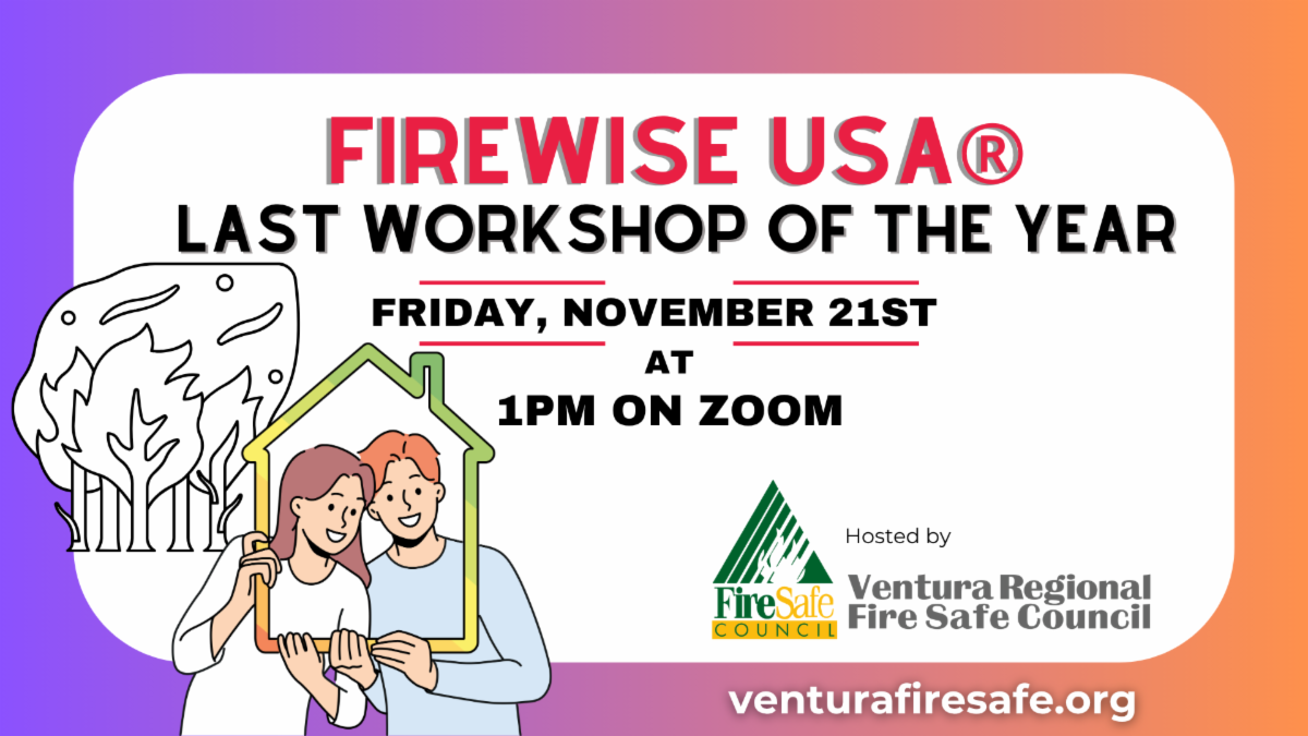 Image of text that says the last Firewise workshop of the year will be on November 21st at 1PM on Zoom Hosted by VRFSC and available at VRFSC dot org
