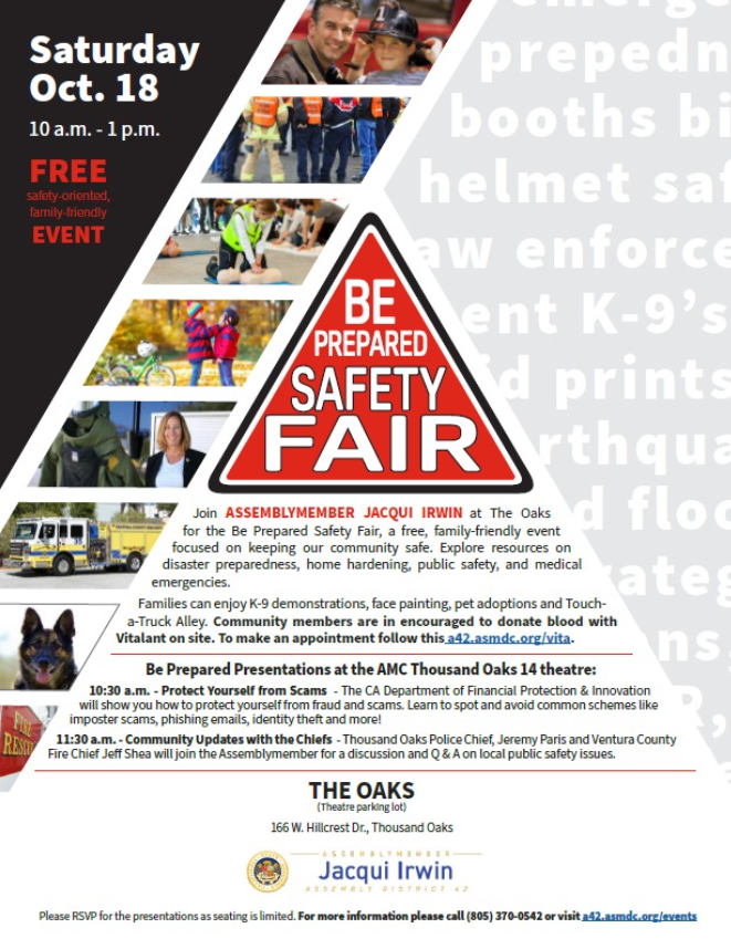 Be Prepared Safety Fair on Saturday October 18 10AM to 1PM at The Oaks Theatre Parking Lot at 166 W Hillcrest Dr Thousand Oaks CA 91360