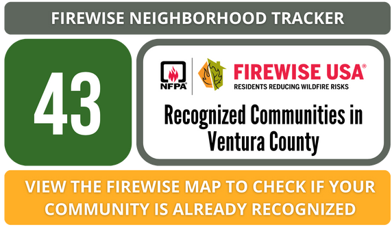 A Button that Reads 43 current Firewise USA Communities in Ventura County and to click to see a map of which neighborhoods are recognized