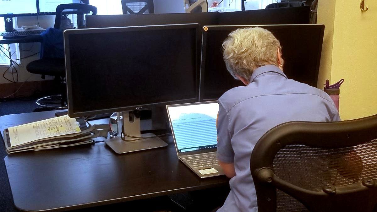 Photo of VIP Kathy's back as she sits and types away at a laptop, in an office desk. 