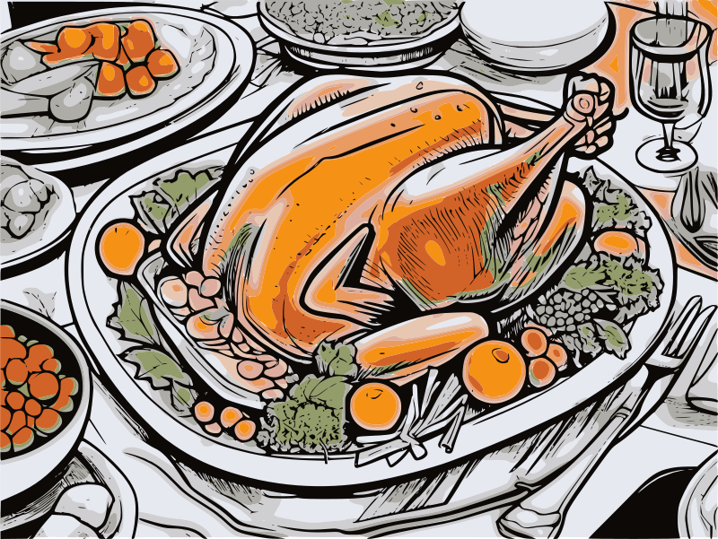 Illustration of a roasted turkey dish on a table.