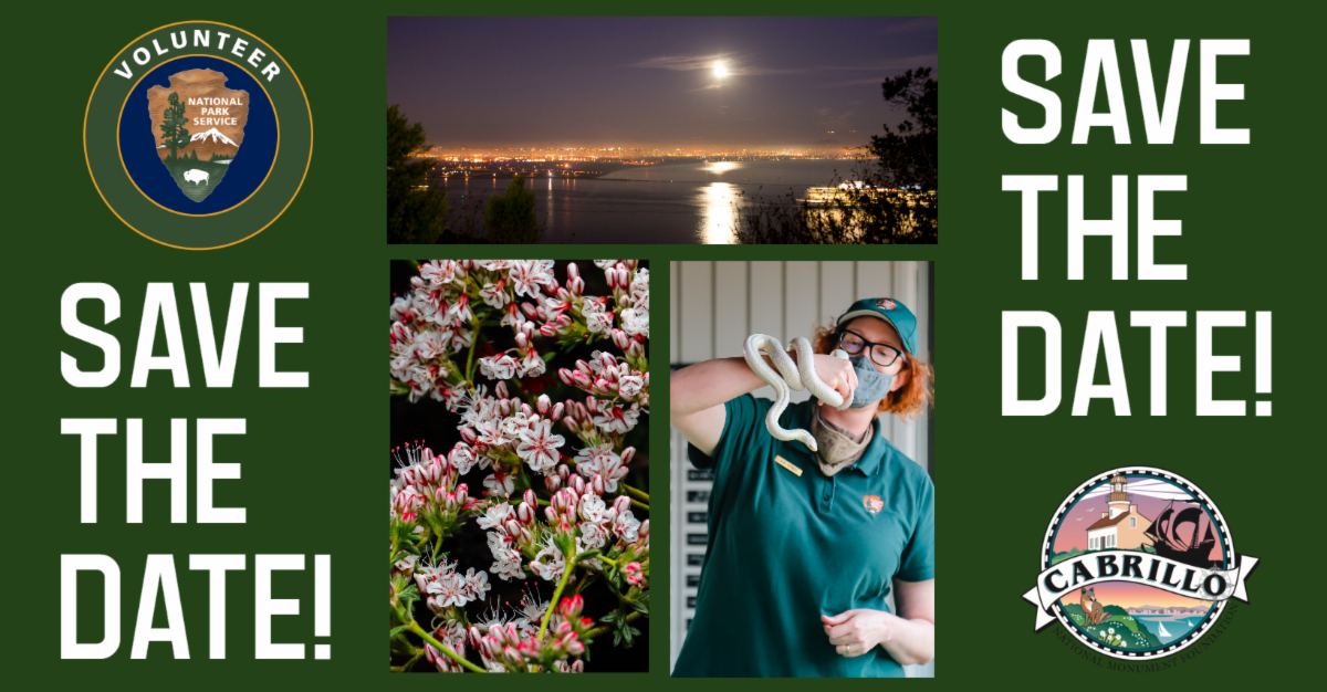 Banner reads "Save the Date!" and features the NPS Volunteer and Cabrillo National Monument Foundation logo. In the center are three photos: the moon shining brightly over the glowing city skyline and dark waters of the San Diego Bay; the white and pink Buckwheat flowers in full bloom; Science Educator Sam Wynns with Summer, the park's snake ambassador, wrapped around her arm. Summer is an albino California Kingsnake.