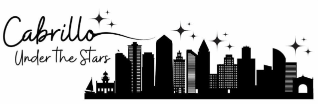 CNMF | Logo reads "Cabrillo Under the Stars" in cursive, with a black & white illustration of the San Diego skyline.