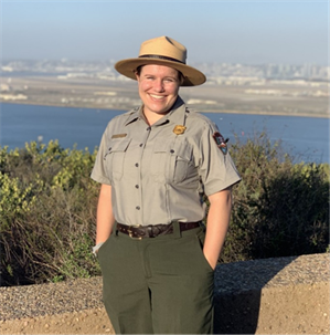 Photo portrait of Incoming Resources Program Manager Lauren Pandori, PhD, in her full NPS uniform. 