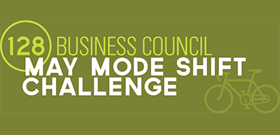 Olive green graphic with a bicycle and text that reads, 128 Business Council May Mode Shift Challenge