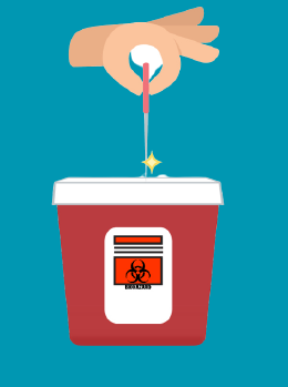 Animated hand dropping a syringe into a medical waste disposal bin