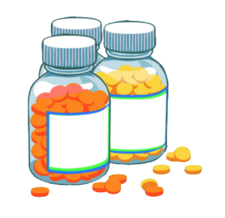 Illustration of glass bottles containing orange and yellow pills