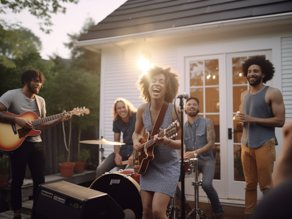 Photo of a band performing on a deck