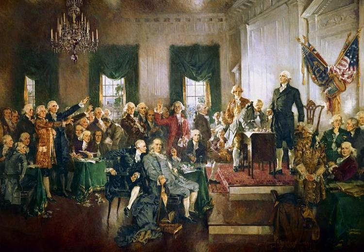 Photo of painint of the signers of the US Constitution