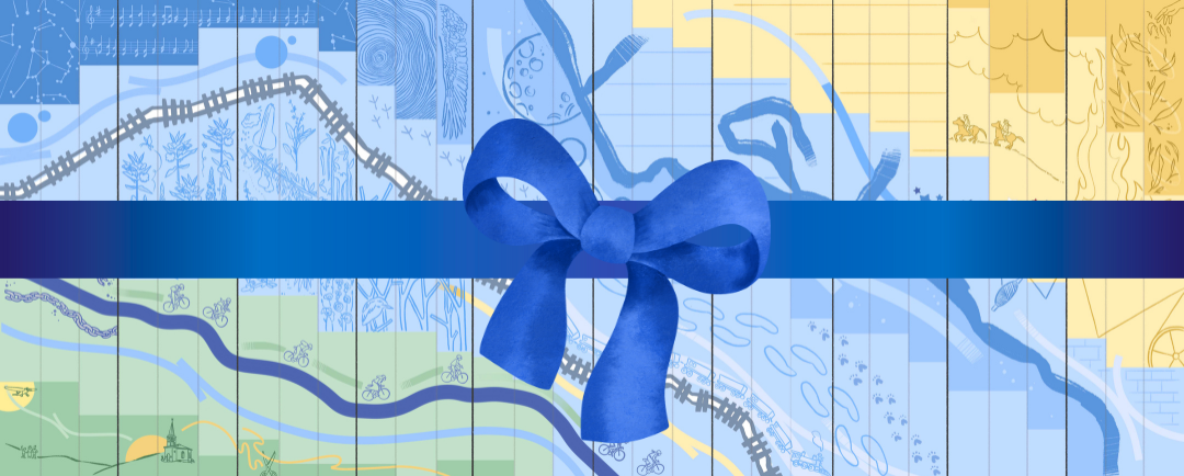 Lexington Center mural project mock up with a blue ribbon stretched across it