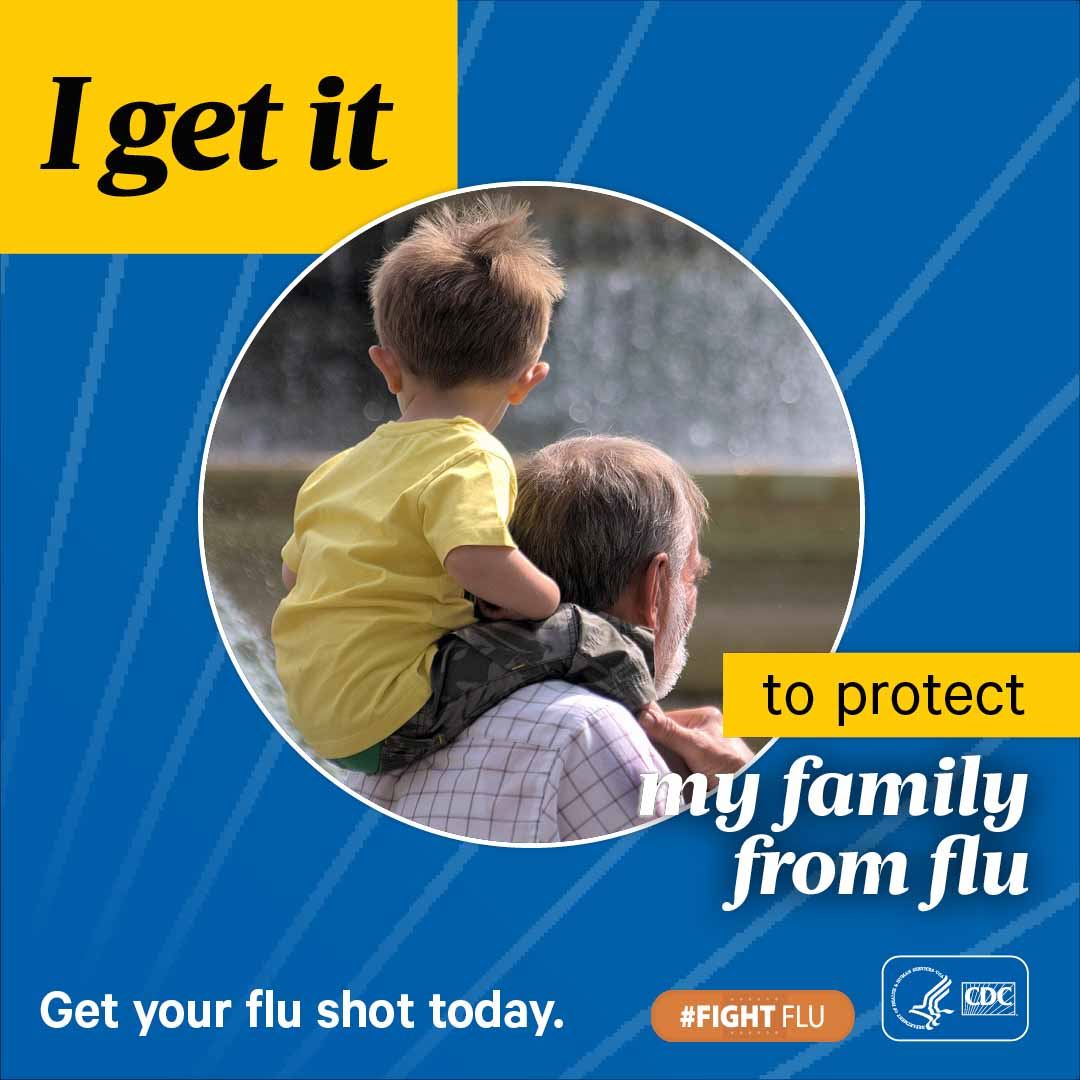 Photo of a parent and child and the text "get your flu shot today"
