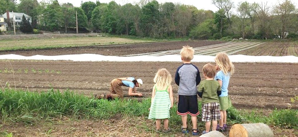 Photo of four children watching a farmer in the field