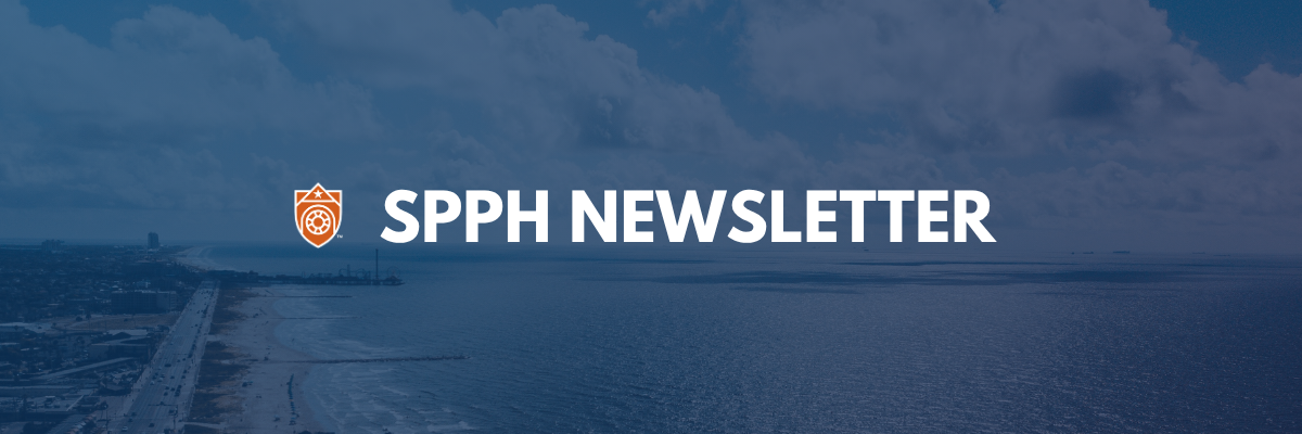 Wide email banner showing an aerial view of the Galveston shoreline and Gulf, overlaid with a dark blue tint, the UTMB shield logo, and the text â€œSPPH Newsletter.â€