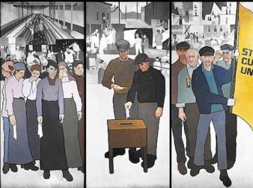 Painted mural panels showing Maine workers. 