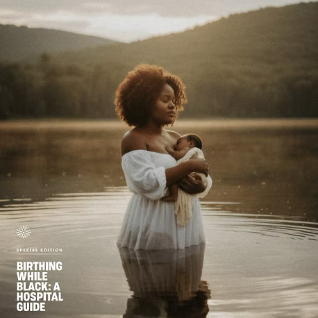 Cover of "Birthing While Black: A Hospital Guide" with an image of a mom standing in a calm lake with a newborn in her arms