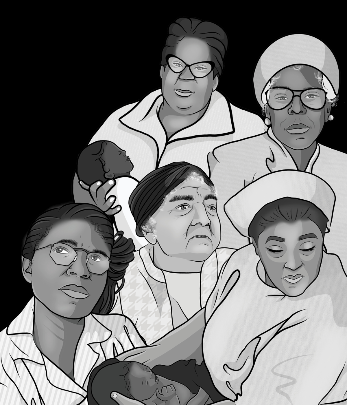 A grayscale illustrative collage of granny midwives, including Margaret Charles Smith, Onnie Lee Logan, and Mary Francis Hill Coley