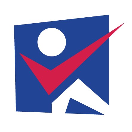Logo of Choose Children: a blue square with a red voter checkmark, white lines and dot that creates the shape of a child with arms outstretched