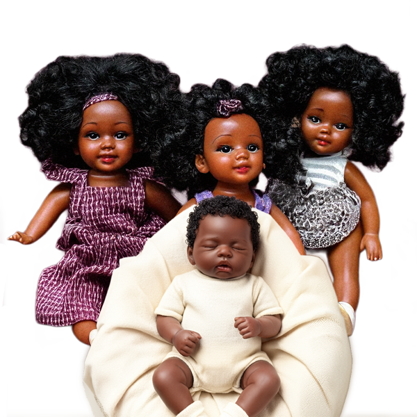A group of three Black girl dolls and one Black infant doll in a toy bed