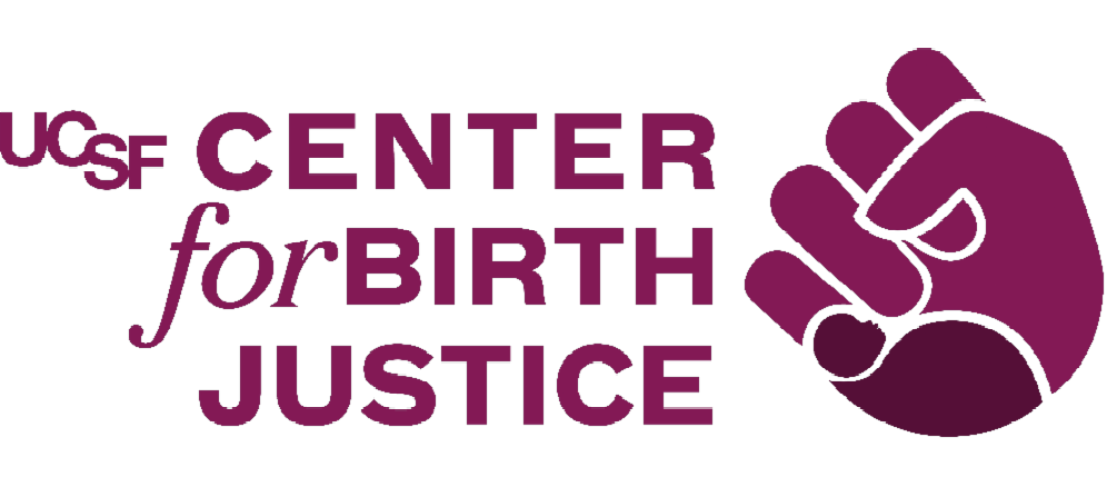 Logo for the Center for Birth Justice that includes an image of a stylized, single color fist with an inset image of a baby wrapped in a blanket